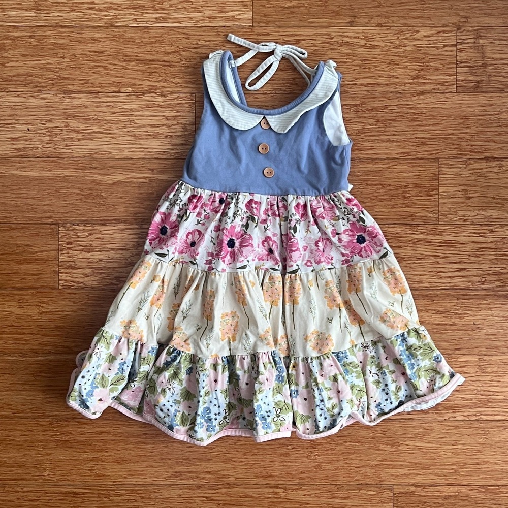 SweetHoney Tiered Floral Dress Girls 5Y Sleeveless Peter Pan Collar Blue Pink - Picture 10 of 13